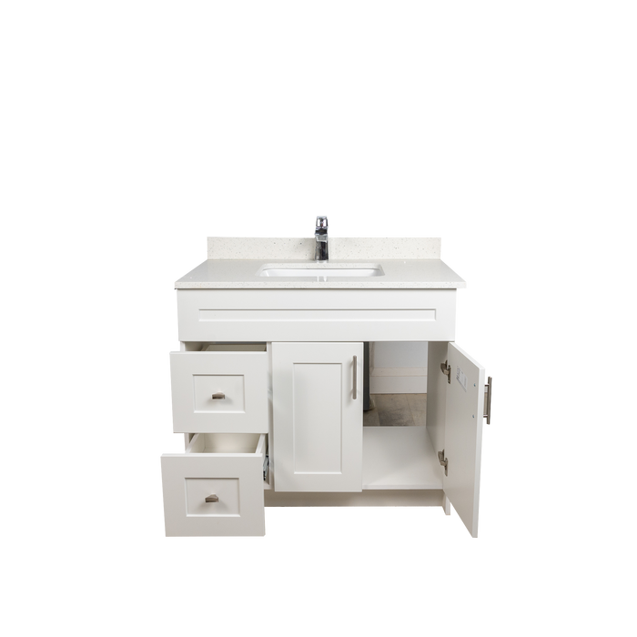 36" MDF - Left Side Draw - White - Shaker Doors - Softclose Hardware